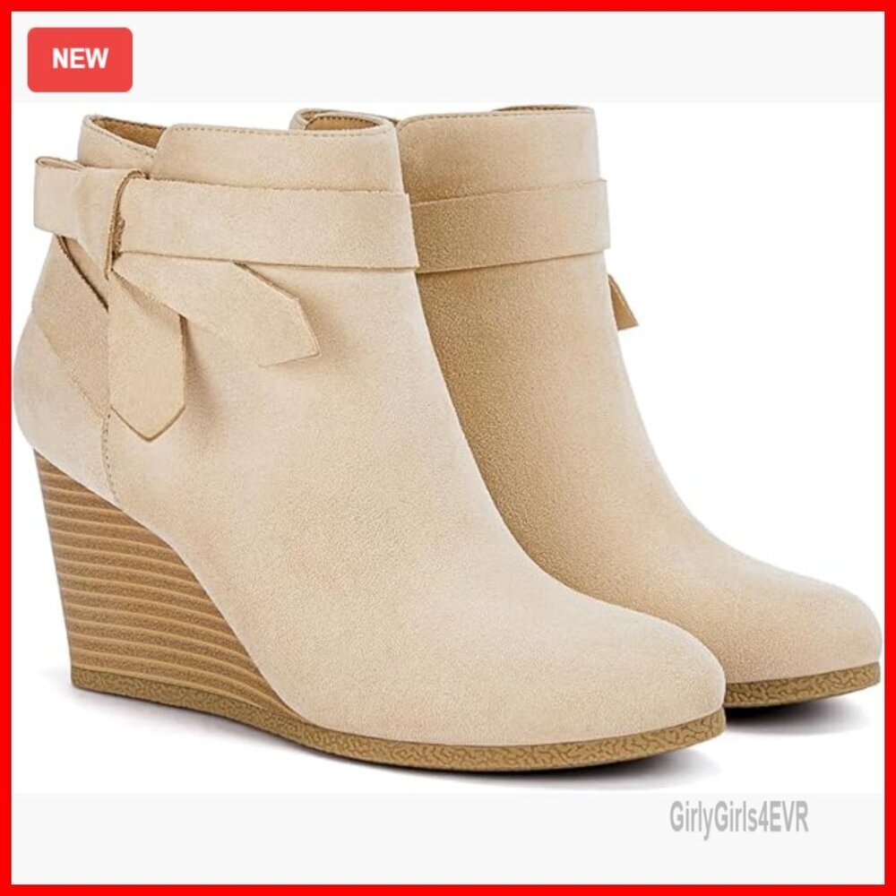 Wedge Ankle Boots with Side Zipper and Bow Tie Detail